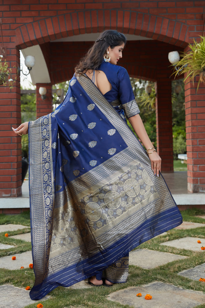 Navy Blue Weaving Banarasi Silk Festival Wear Saree ClothsVilla