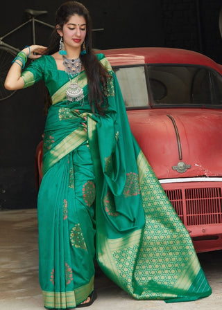 Green Silk Saree with Heavy Zari work Golden Pallu Clothsvilla