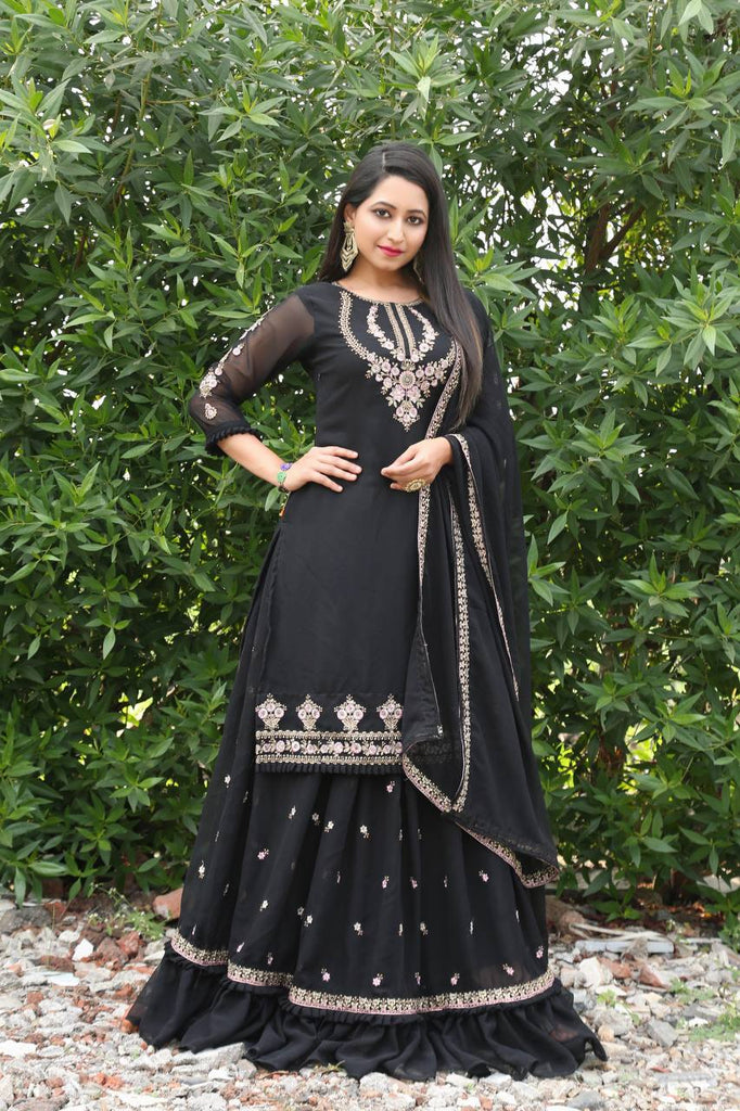 Lehenga Suit Set in Black with Intricate Embroidery Design Clothsvilla