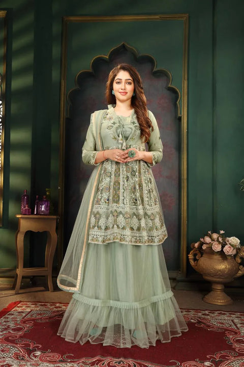 Palazzo Set with Embroidery Work in Mint Green Net Fabric Clothsvilla Main image