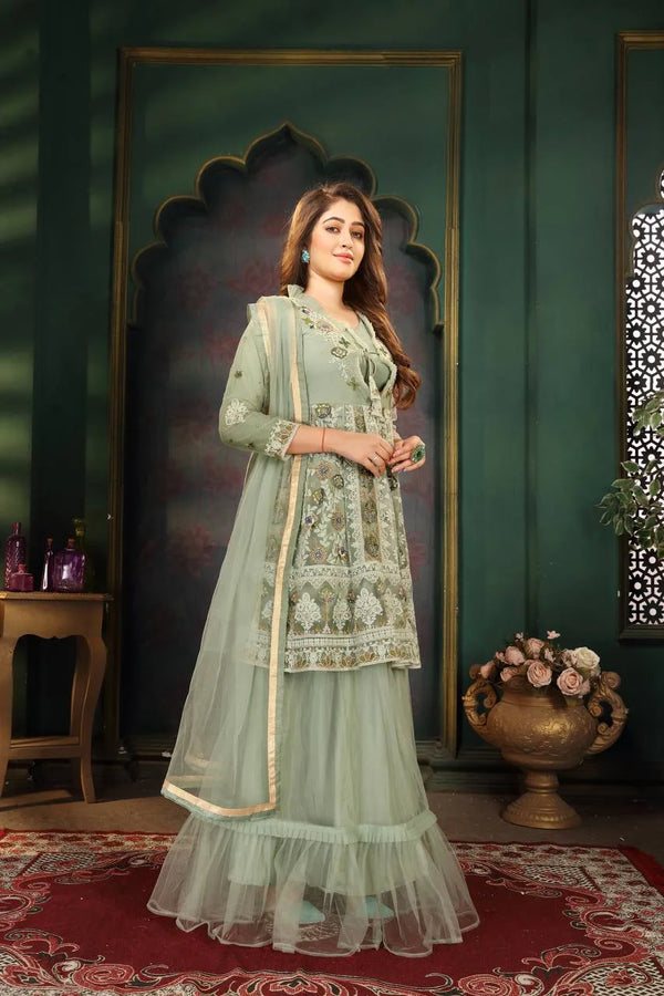 Palazzo Set with Embroidery Work in Mint Green Net Fabric Clothsvilla