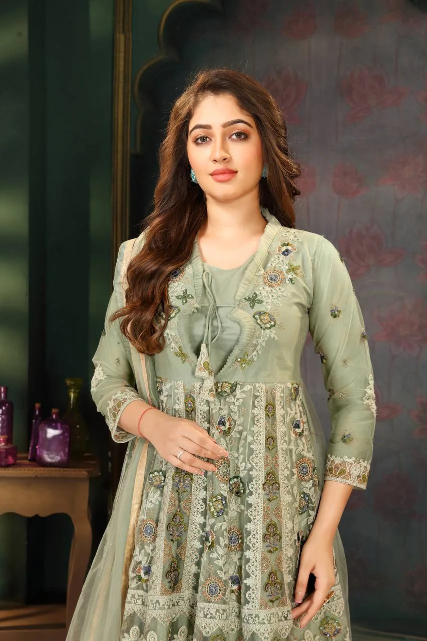 Palazzo Set with Embroidery Work in Mint Green Net Fabric Clothsvilla