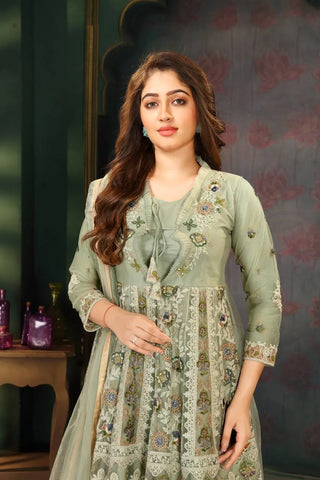 Palazzo Set with Embroidery Work in Mint Green Net Fabric Clothsvilla