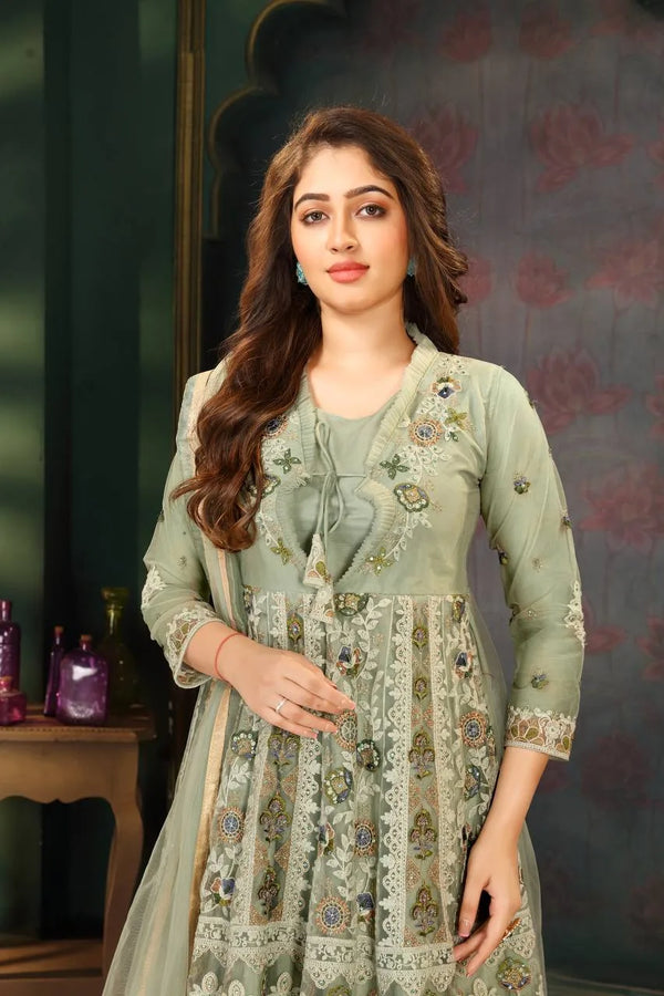 Palazzo Set with Embroidery Work in Mint Green Net Fabric Clothsvilla