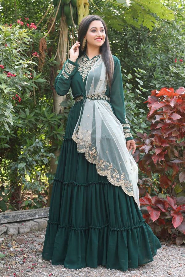 Dupatta-Adorned Green Gown with Ruffles Clothsvilla