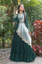Load image into Gallery viewer, Dupatta-Adorned Green Gown with Ruffles Clothsvilla