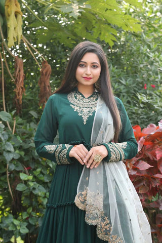 Dupatta-Adorned Green Gown with Ruffles Clothsvilla