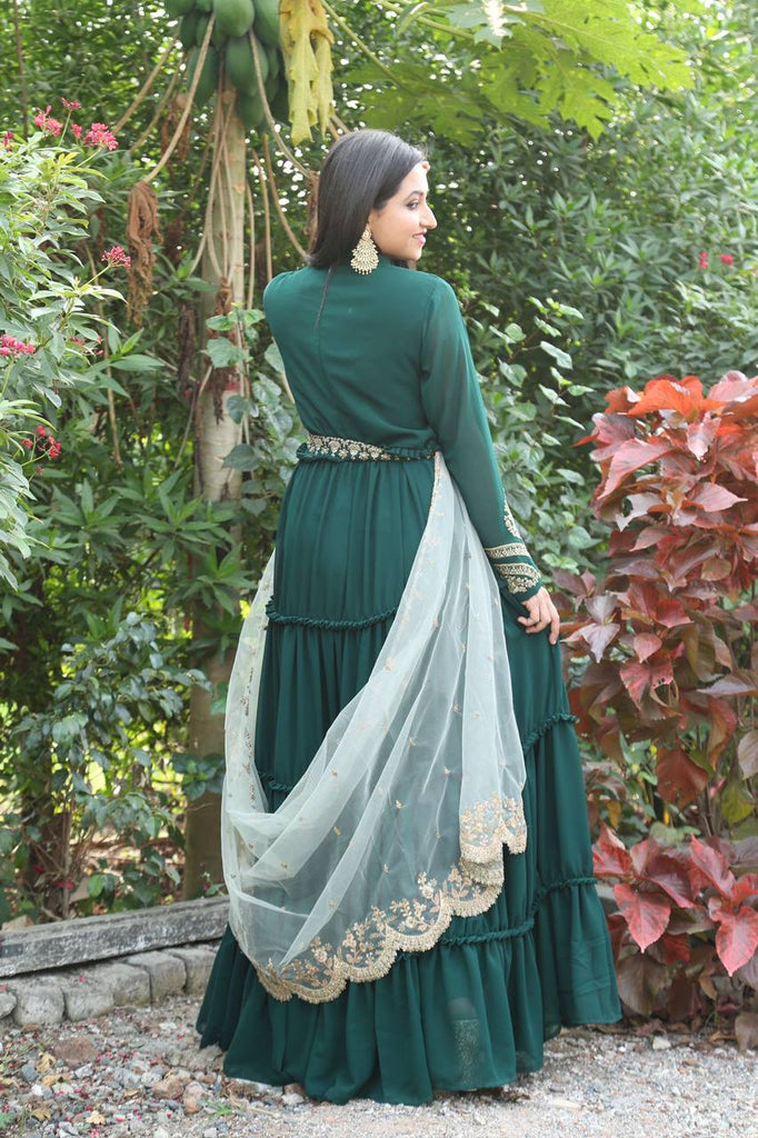Dupatta-Adorned Green Gown with Ruffles - Clothsvilla Dupatta-Adorned Green Gown with Ruffles - Clothsvilla