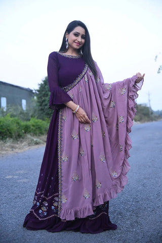 Dupatta-embellished Floor-length Gown in Purple Hue Clothsvilla