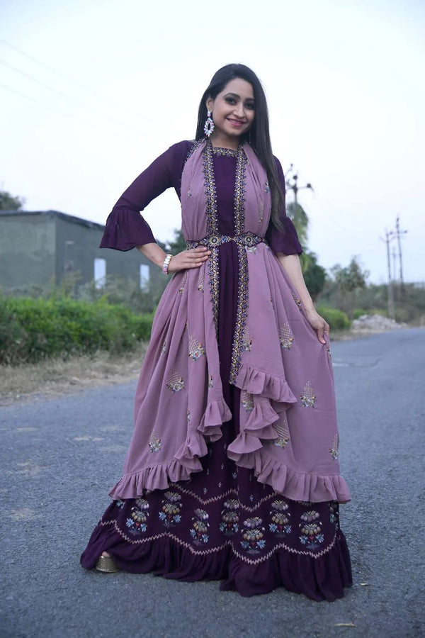 Dupatta-embellished Floor-length Gown in Purple Hue Clothsvilla