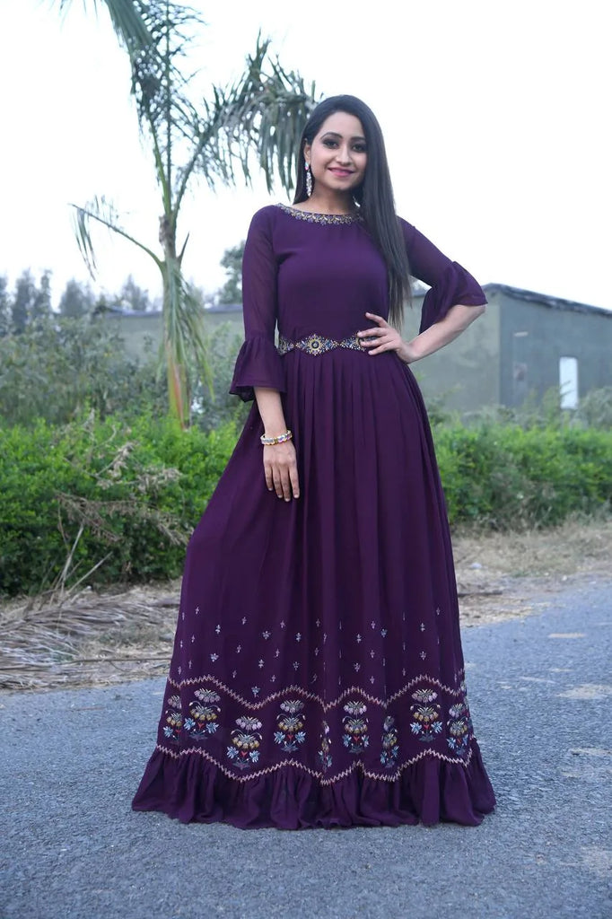 Dupatta-embellished Floor-length Gown in Purple Hue Clothsvilla