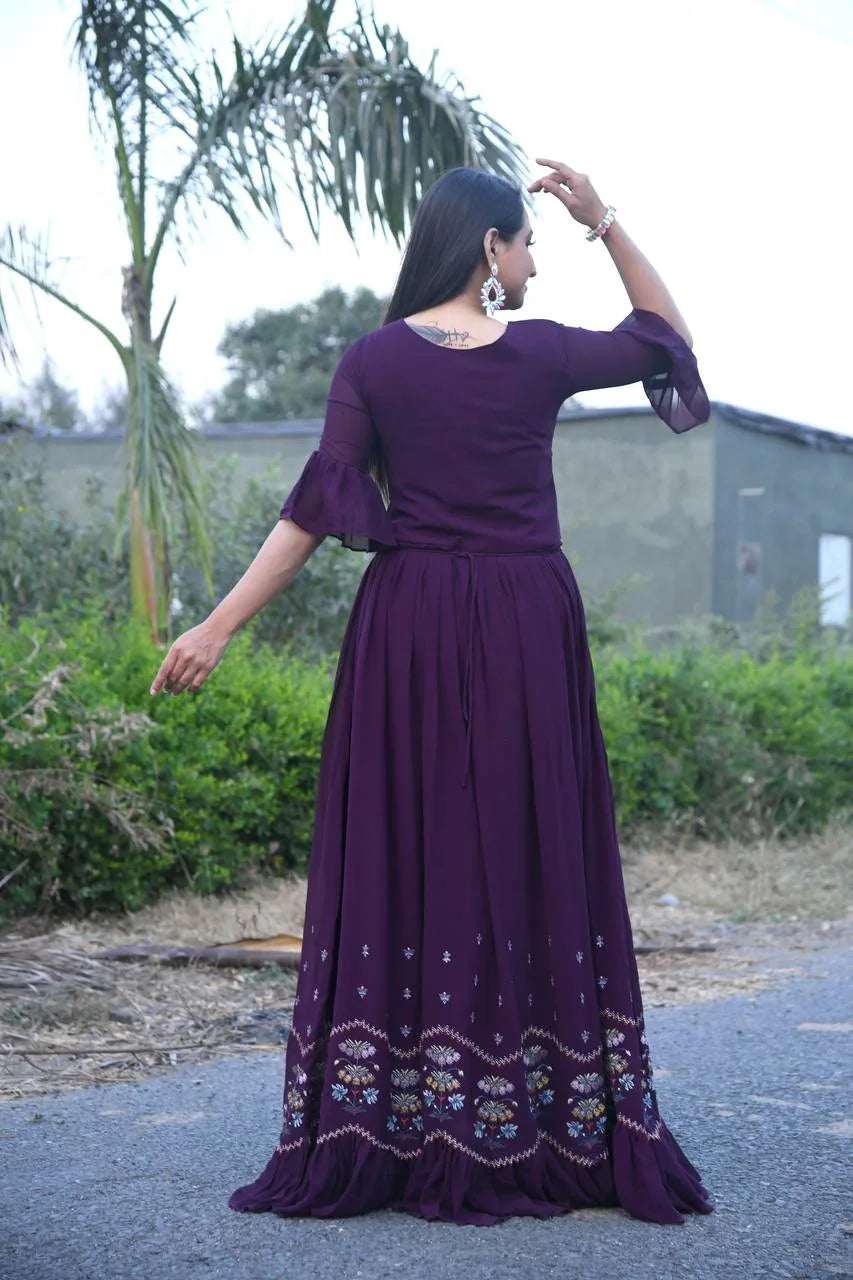 Dupatta-embellished Floor-length Gown in Purple Hue Clothsvilla