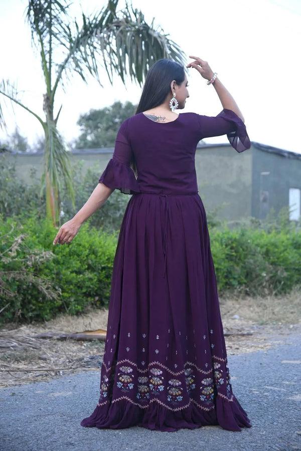 Dupatta-embellished Floor-length Gown in Purple Hue Clothsvilla
