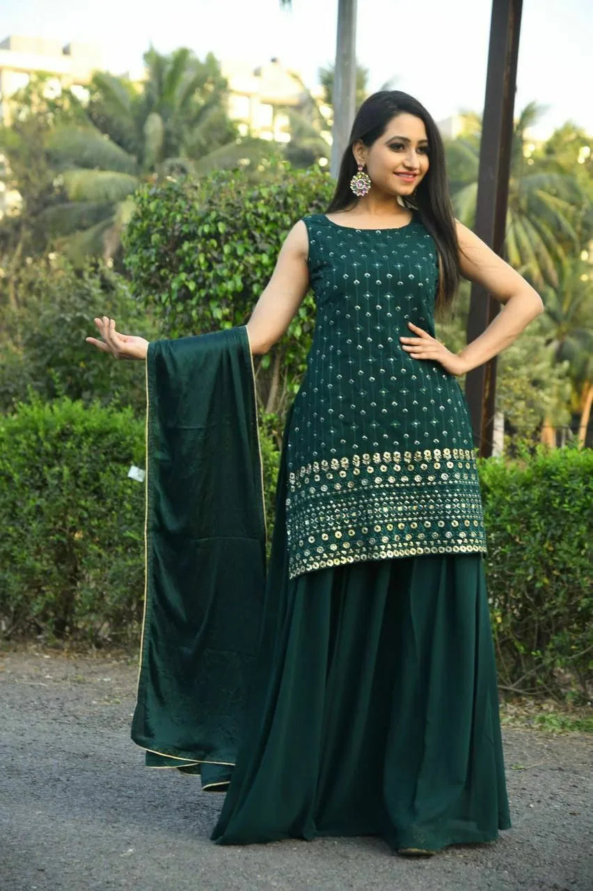 Women's Party Wear Sharara Set in Dark Green Clothsvilla