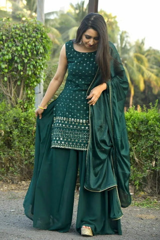 Women's Party Wear Sharara Set in Dark Green Clothsvilla