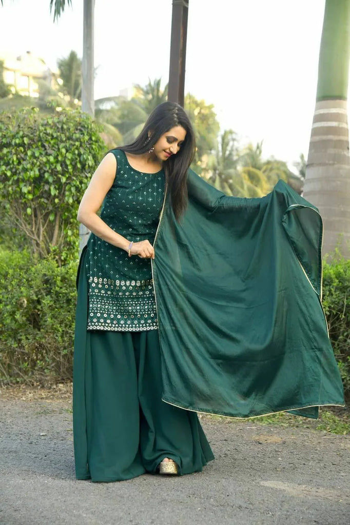 Women's Party Wear Sharara Set in Dark Green - Clothsvil Women's Party Wear Sharara Set in Dark Green - Clothsvil