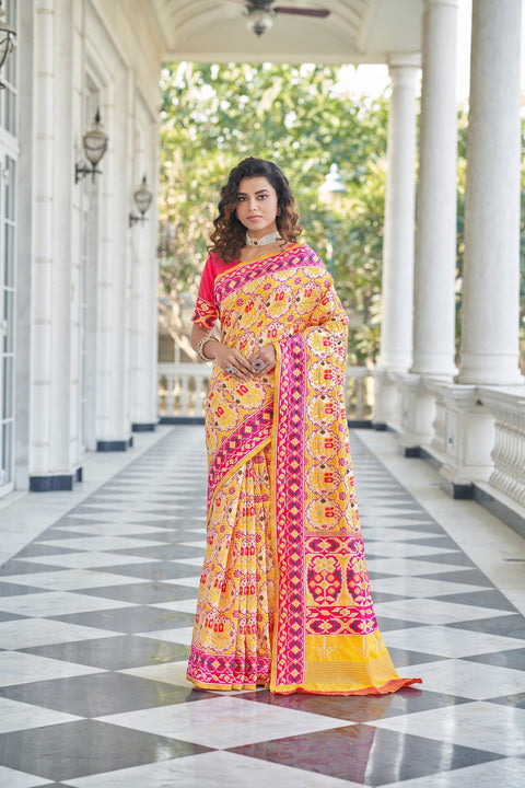 Yellow With Pink Color Patola Weaving Zari Silk Saree Clothsvilla Main image