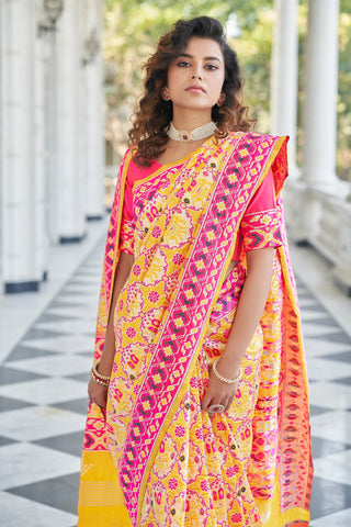 Yellow With Pink Color Patola Weaving Zari Silk Saree Clothsvilla