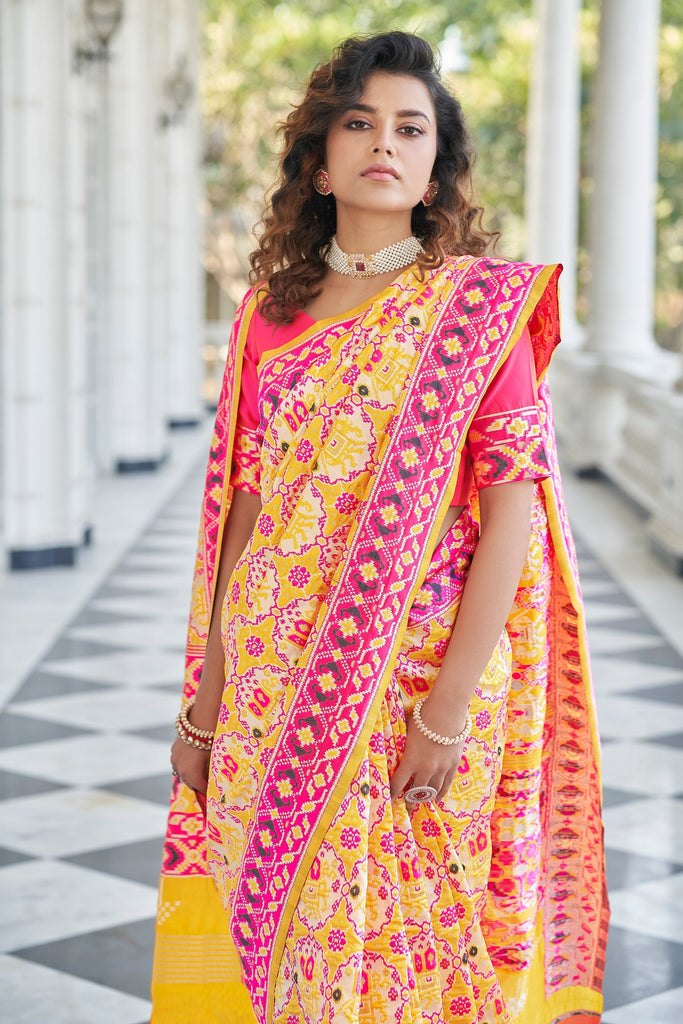 Yellow With Pink Color Patola Weaving Zari Silk Saree Clothsvilla