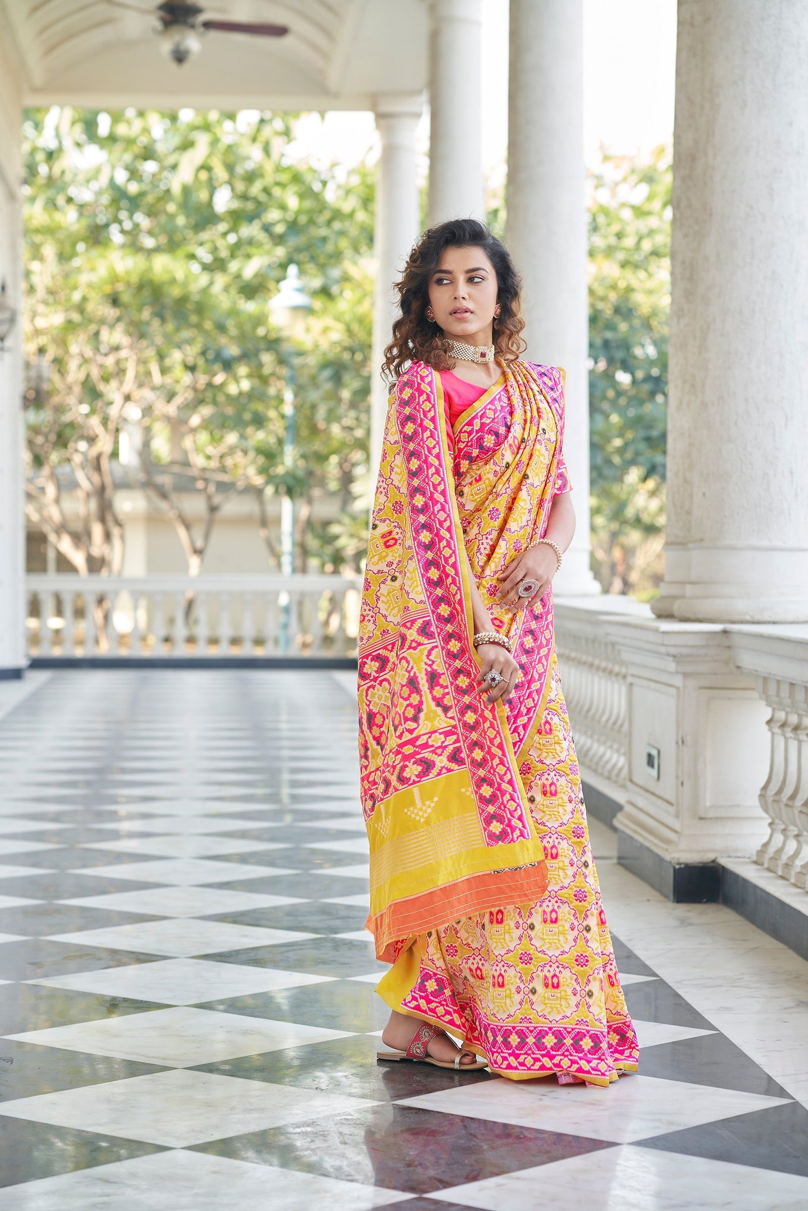 Yellow With Pink Color Patola Weaving Zari Silk Saree Clothsvilla