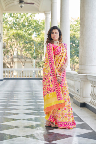 Yellow With Pink Color Patola Weaving Zari Silk Saree Clothsvilla