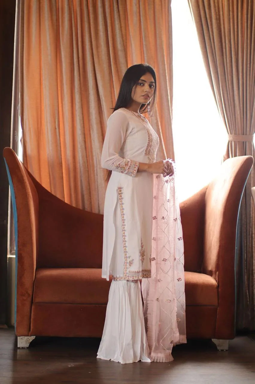 Wedding White Sharara Ensemble - ClothsVilla.com
