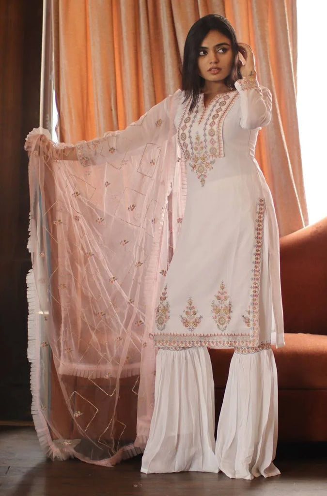 Wedding White Sharara Ensemble - ClothsVilla.com