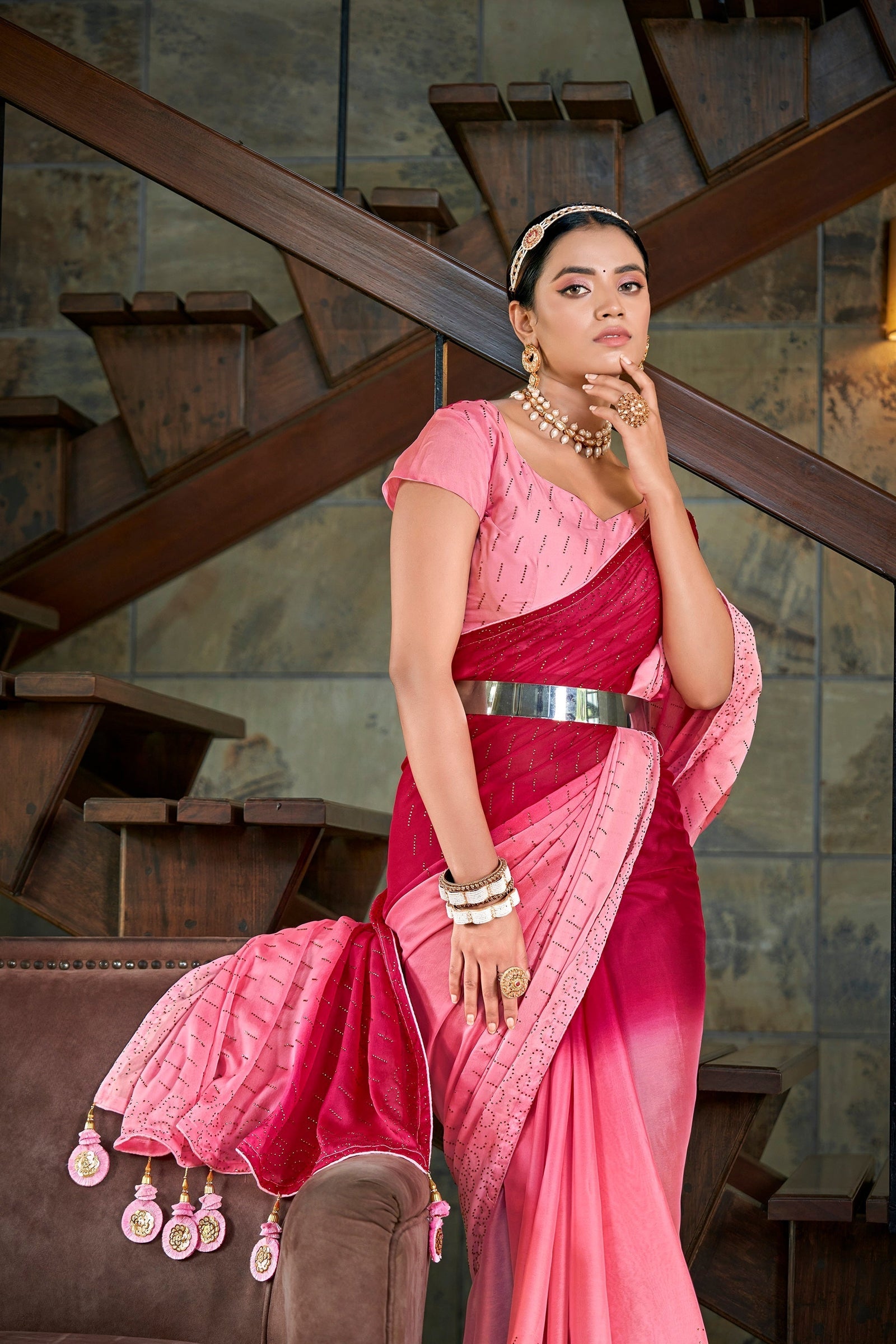 Party Wear Pink Color Diamond Work Double Tone Saree Clothsvilla