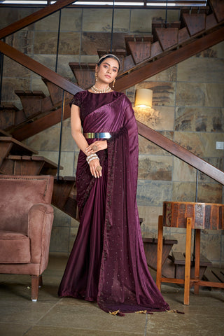 Party Wear Purple Color Diamond Work Double Tone Saree Clothsvilla
