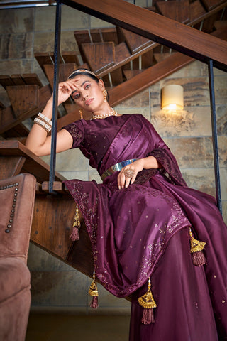 Party Wear Purple Color Diamond Work Double Tone Saree Clothsvilla