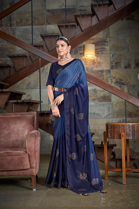 Party Wear Navy Blue Color Diamond Work Double Tone Saree Clothsvilla Main image