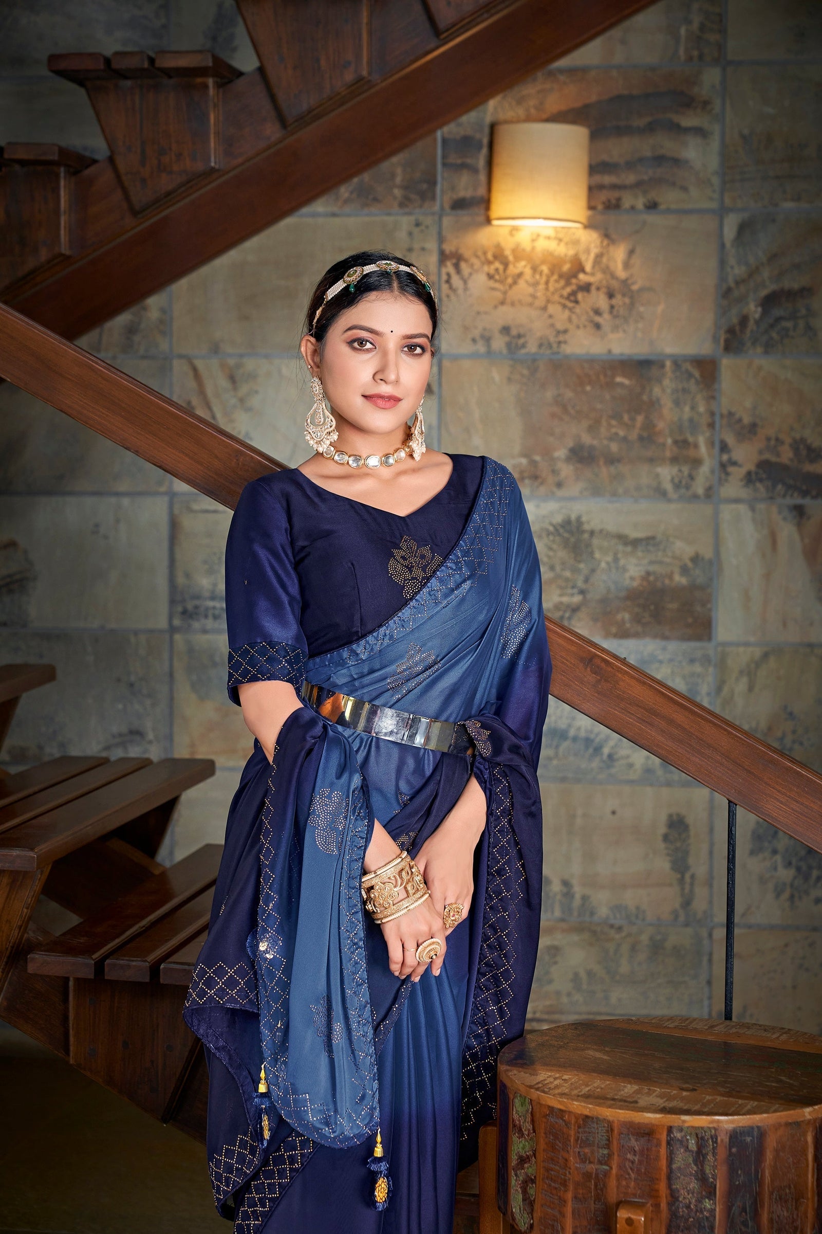 Party Wear Navy Blue Color Diamond Work Double Tone Saree Clothsvilla