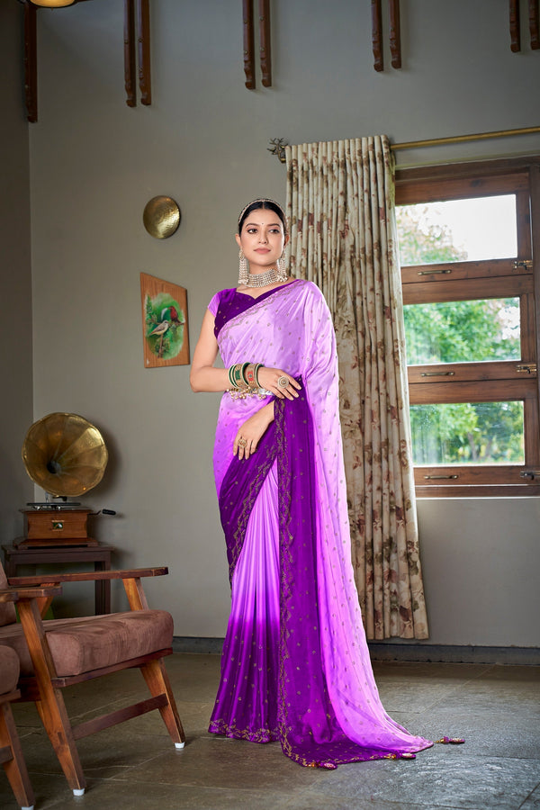 Party Wear Lavender Color Diamond Work Double Tone Saree Clothsvilla
