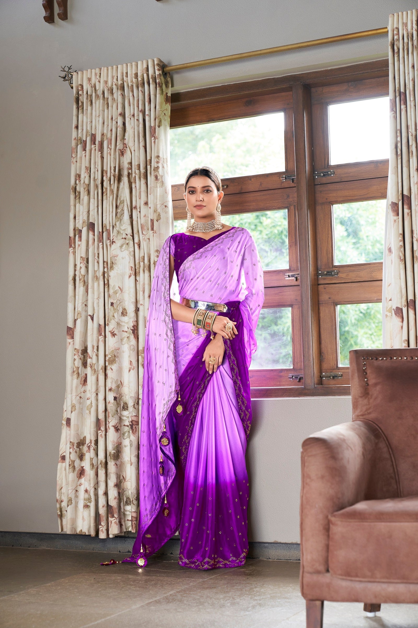 Party Wear Lavender Color Diamond Work Double Tone Saree Clothsvilla