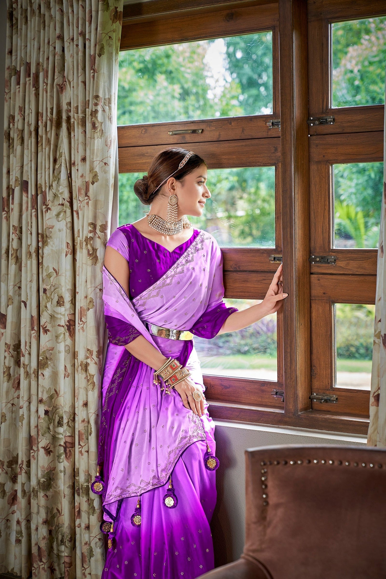 Party Wear Lavender Color Diamond Work Double Tone Saree Clothsvilla