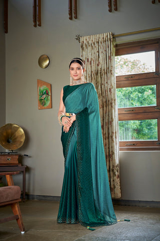 Party Wear Teal Green Color Diamond Work Double Tone Saree Clothsvilla