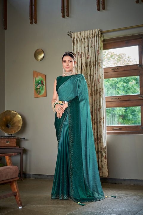Party Wear Teal Green Color Diamond Work Double Tone Saree Clothsvilla Main image