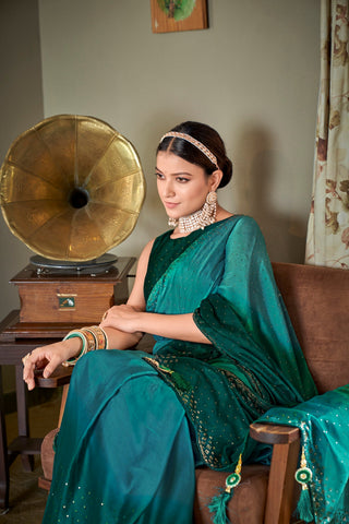 Party Wear Teal Green Color Diamond Work Double Tone Saree Clothsvilla