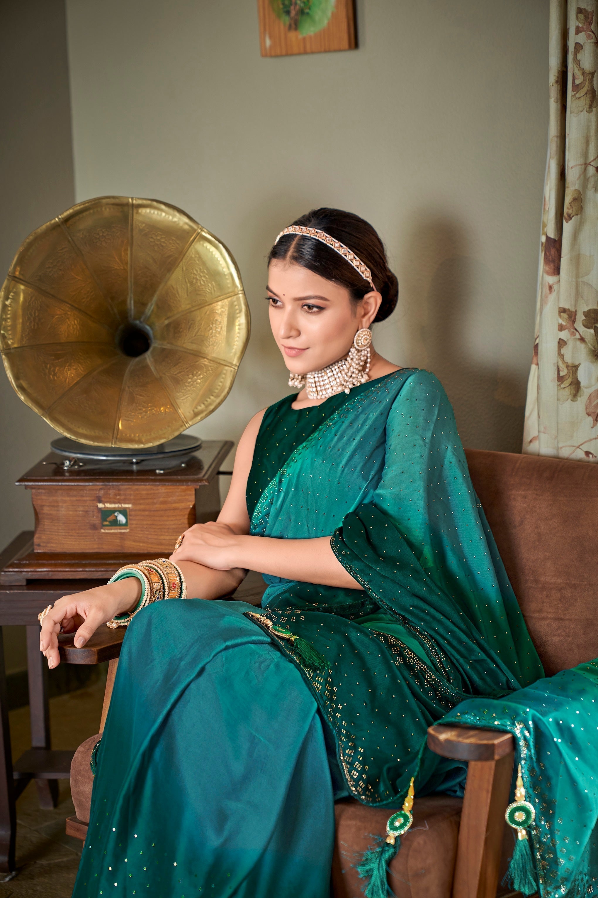 Party Wear Teal Green Color Diamond Work Double Tone Saree Clothsvilla
