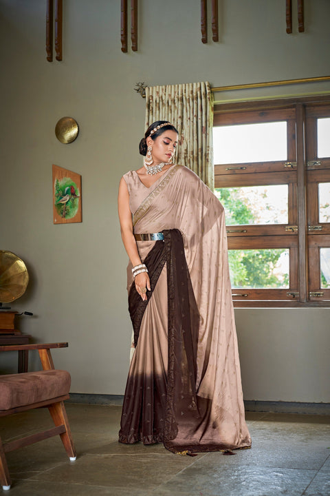 Party Wear Brown Color Diamond Work Double Tone Saree Clothsvilla Main image