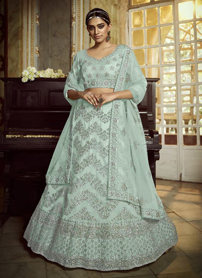 impressive Sky Blue Zarkan Dori Soft Net Lehenga Choli Set Clothsvilla