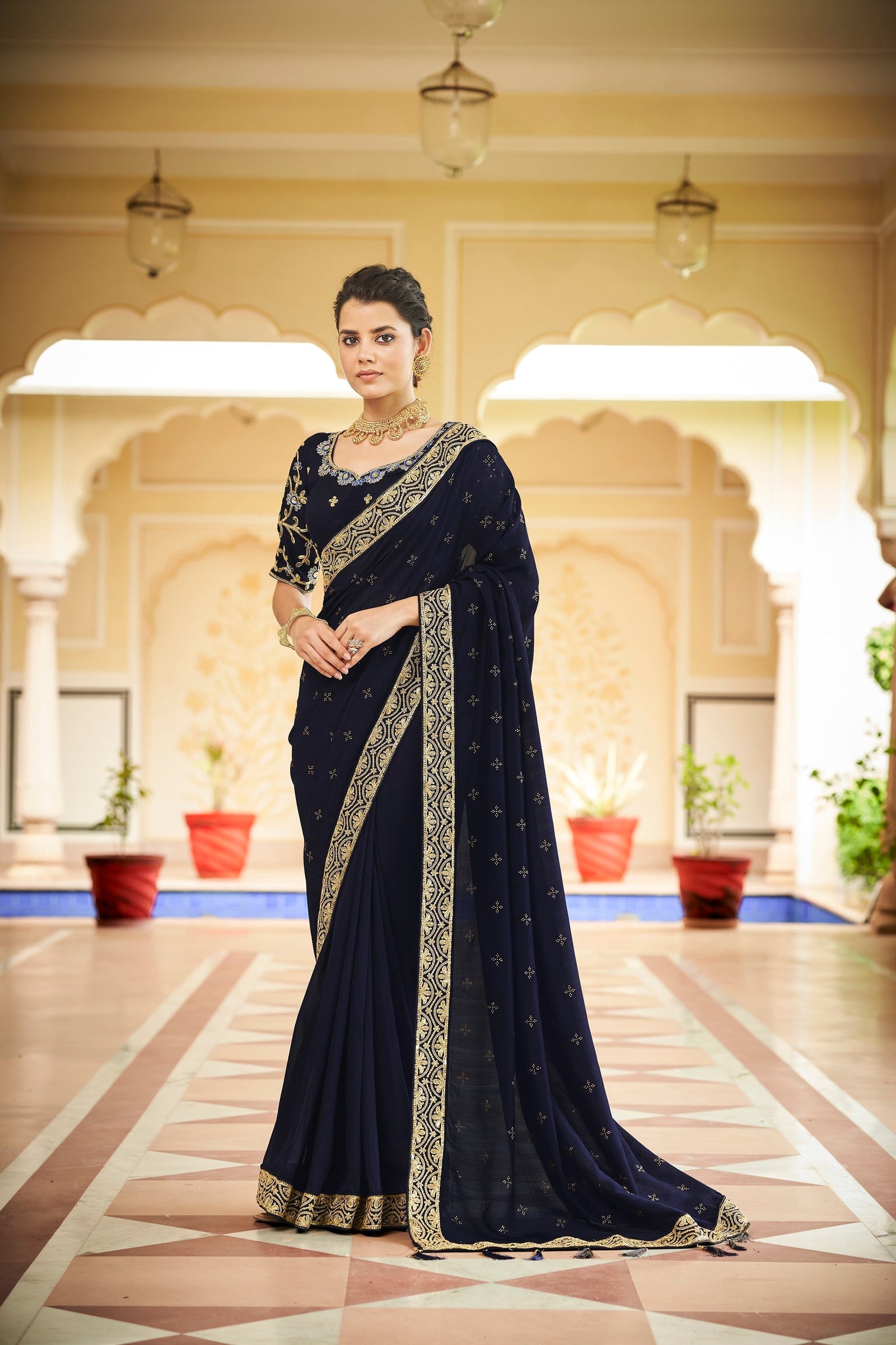 Designer Navy Blue Color Swarovski Sequence Work Silk Saree Clothsvilla
