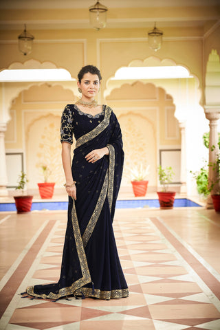 Designer Navy Blue Color Swarovski Sequence Work Silk Saree Clothsvilla