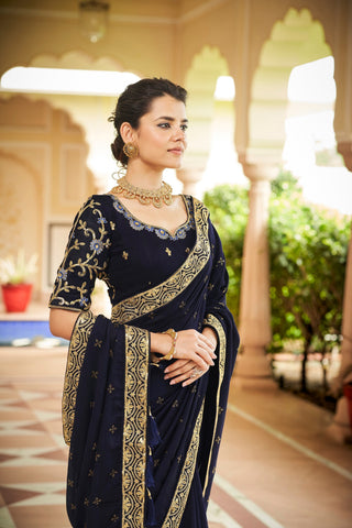 Designer Navy Blue Color Swarovski Sequence Work Silk Saree Clothsvilla