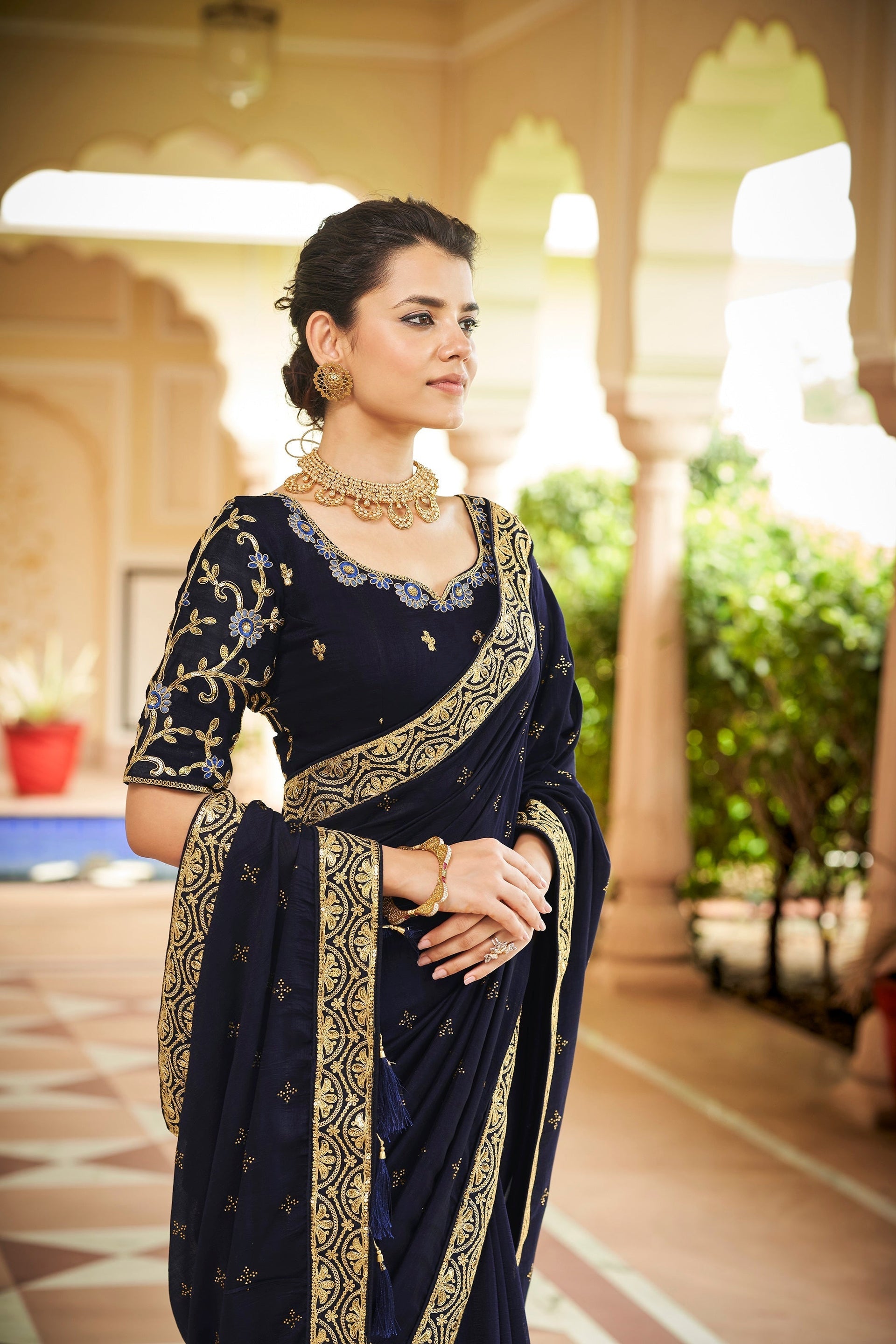 Designer Navy Blue Color Swarovski Sequence Work Silk Saree Clothsvilla