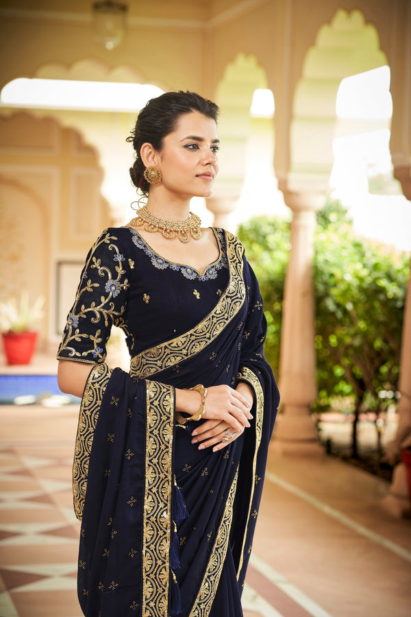 Designer Navy Blue Color Swarovski Sequence Work Silk Saree Clothsvilla