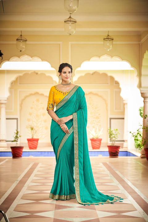 Designer Sky Blue Color Swarovski Sequence Work Silk Saree Clothsvilla Main image