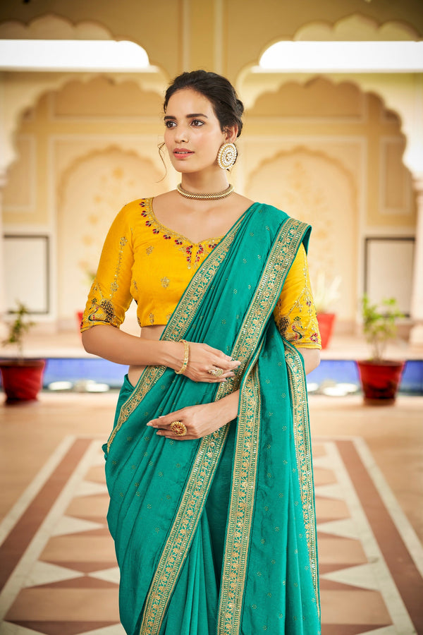 Designer Sky Blue Color Swarovski Sequence Work Silk Saree Clothsvilla