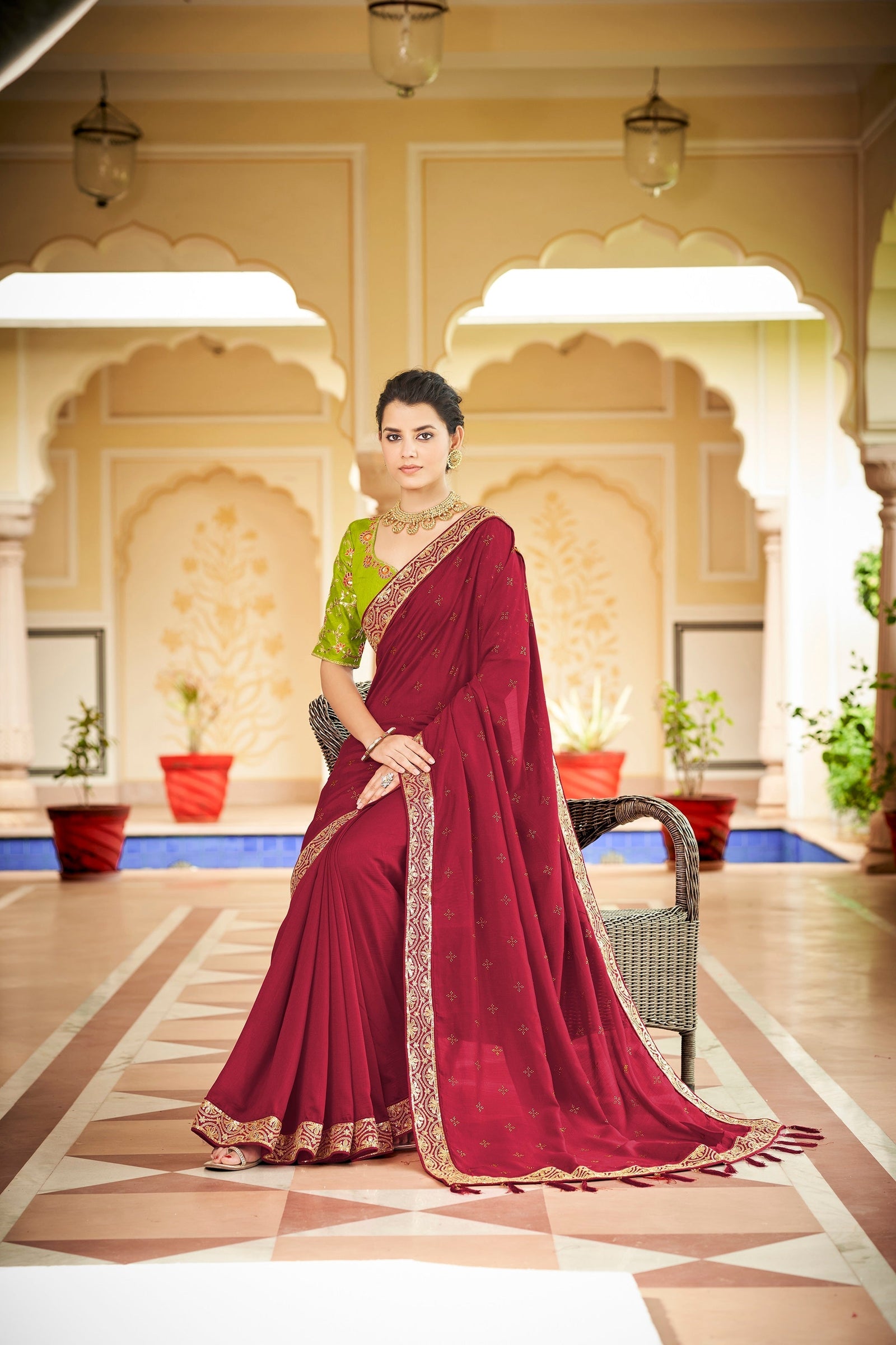 Designer Red Color Swarovski Sequence Work Silk Saree Clothsvilla