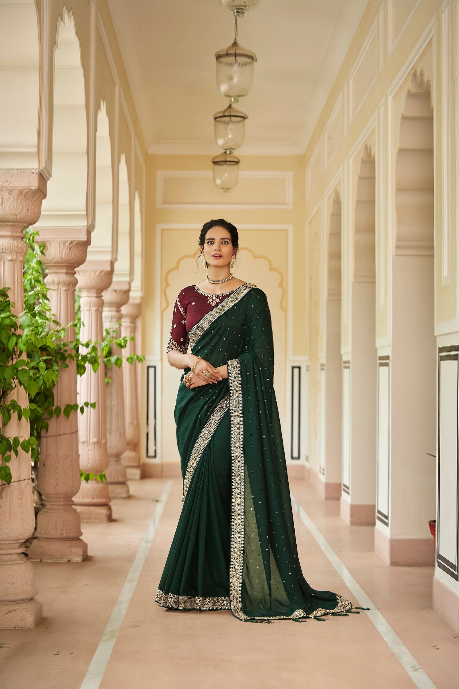 Designer Dark Green Color Swarovski Sequence Work Silk Saree Clothsvilla